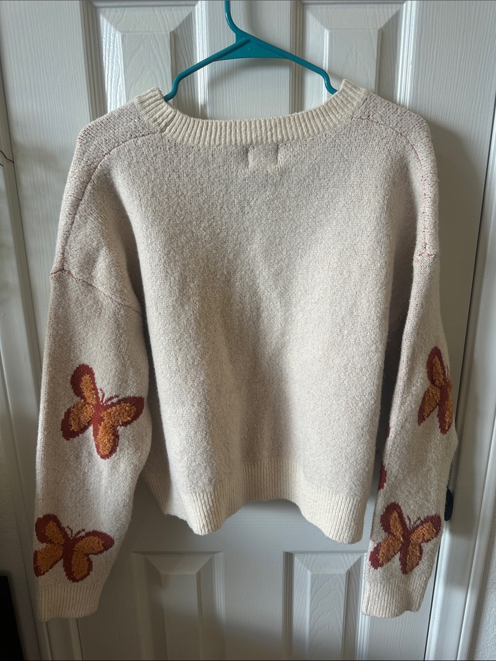 Cream Crewneck Sweater with Rust & Mustard Butterfly Motif - Picture 3 of 4
